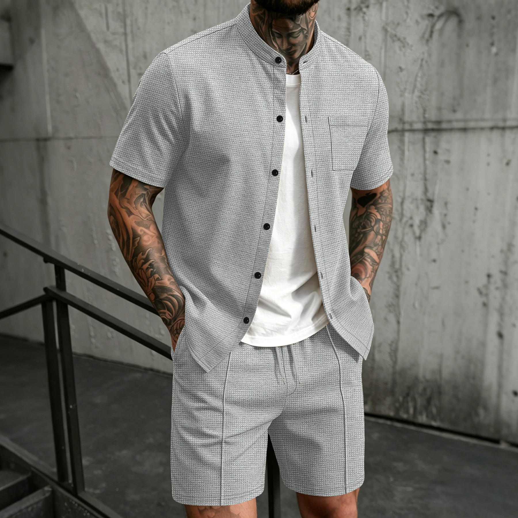 Ensemble 2 pièces pour homme, chemise à manches courtes à col montant avec poche poitrine et short à cordon de serrage, ensemble coordonné décontracté