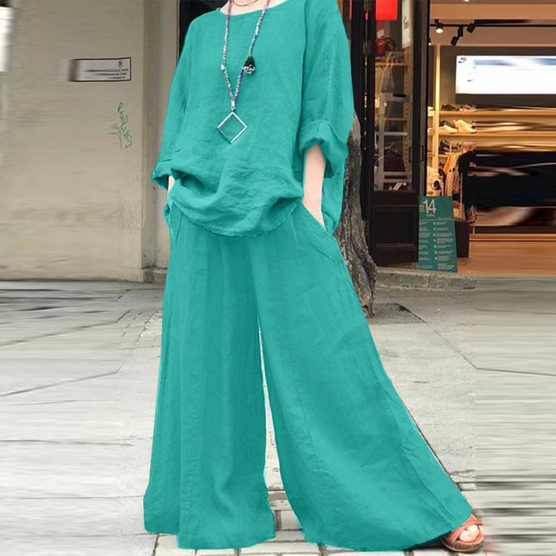 Ensemble 2 pièces en coton lin pour femmes, décontracté, col rond, manches longues, chemisiers, jambes larges, culottes, rétro, adt, automne