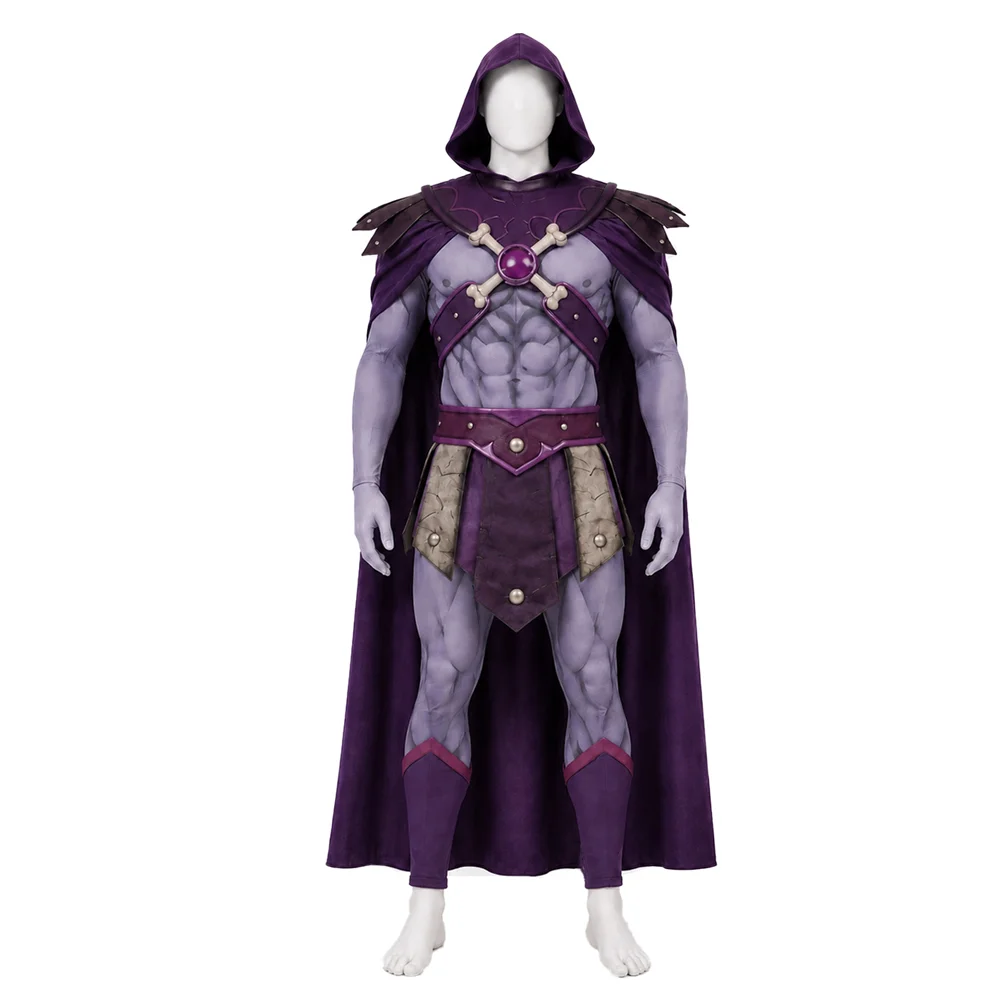 Costume de cosplay du Roi Squelette, déguisement de Skeletor, vêtements, cape, combinaison, ceinture pour adultes, tenue de fête d'Halloween ou de carnaval.