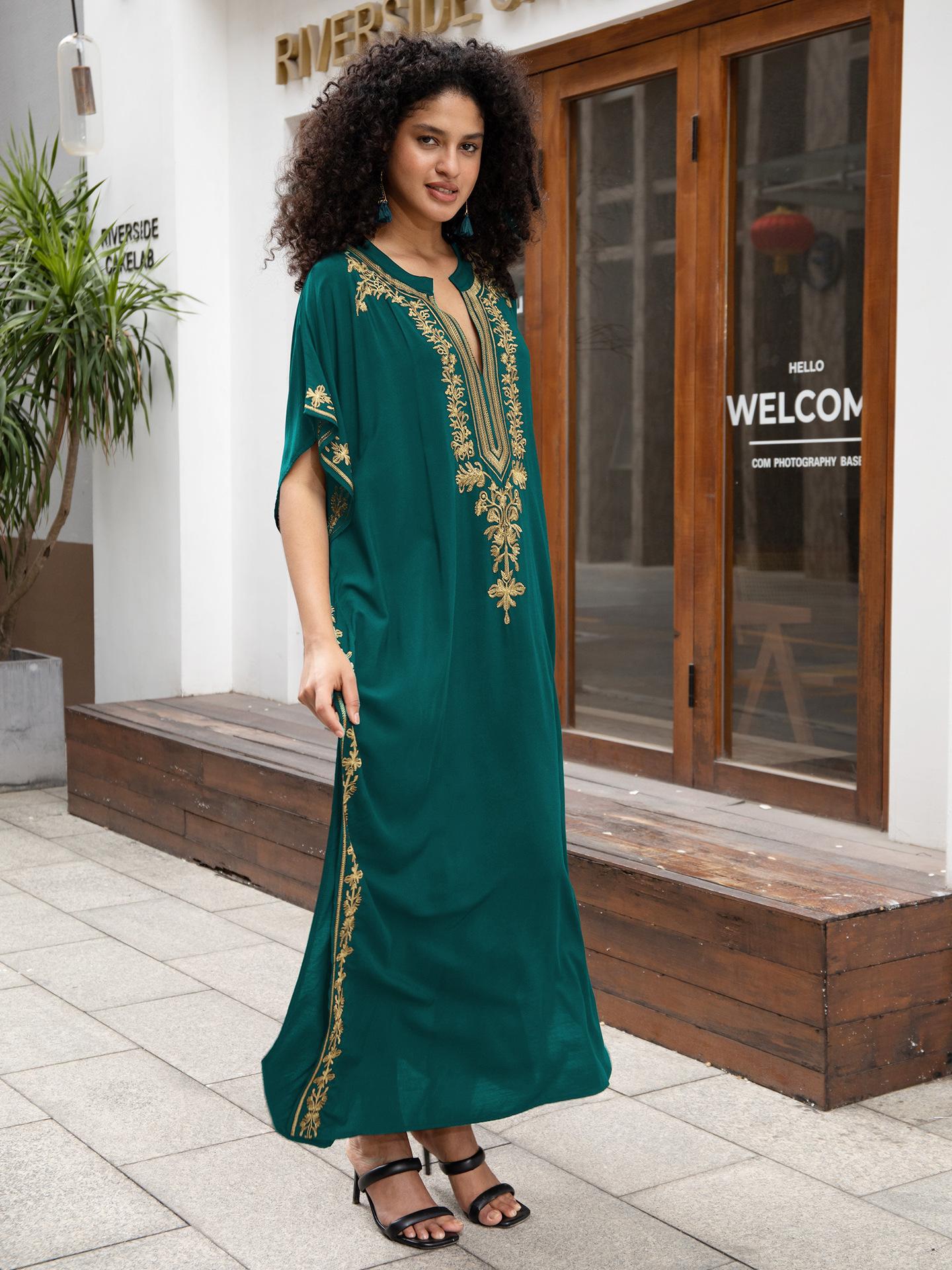 Robes caftan pour femmes brodées à manches courtes col en v grande taille Caftan Bikini maillot de bain robe de plage longue