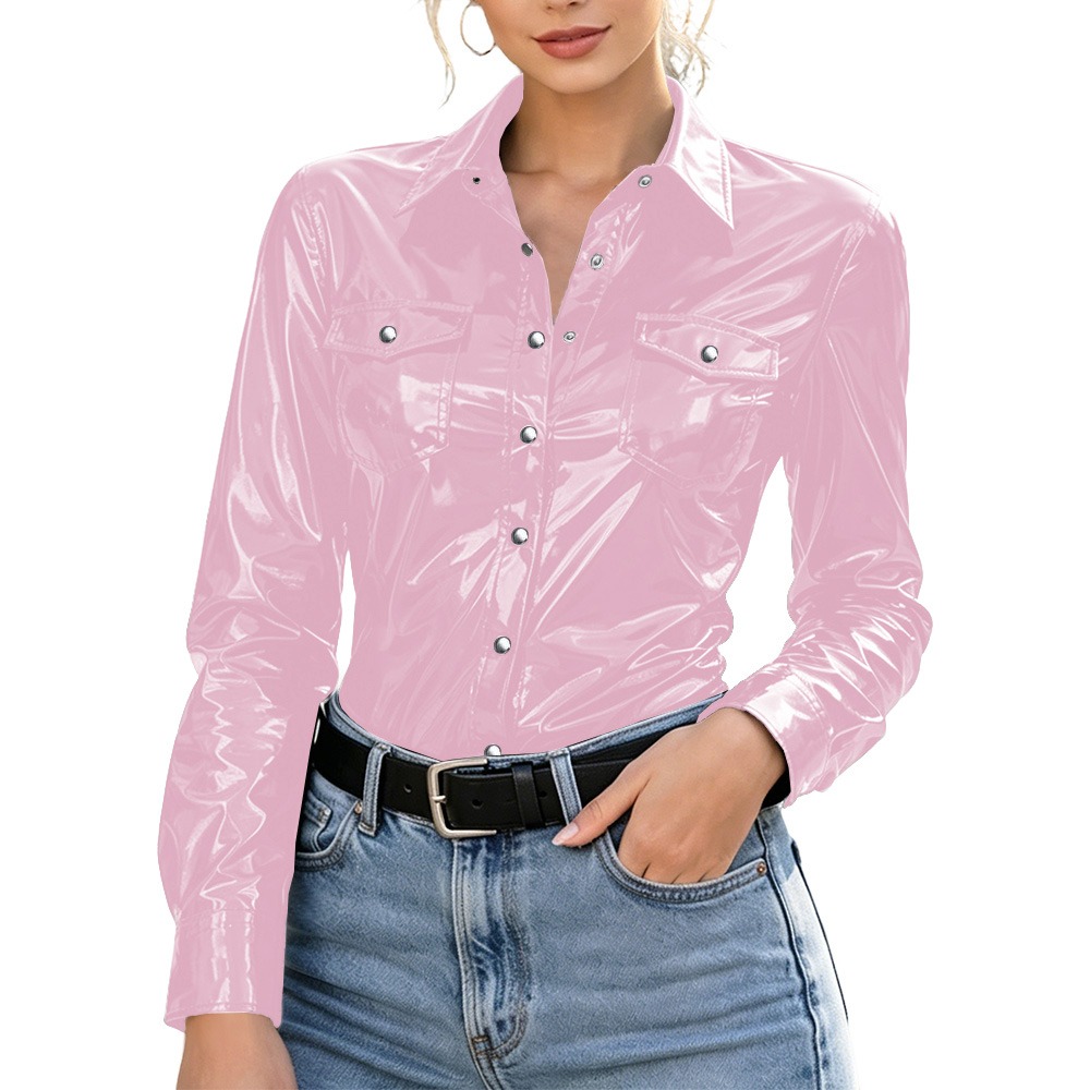 Chemisier Femme Grande Taille avec Poches, Effet Mouillé PVC, Manches Longues, Blouse Brillante en Similicuir PU, Hauts Boutonnés, Style Streetwear