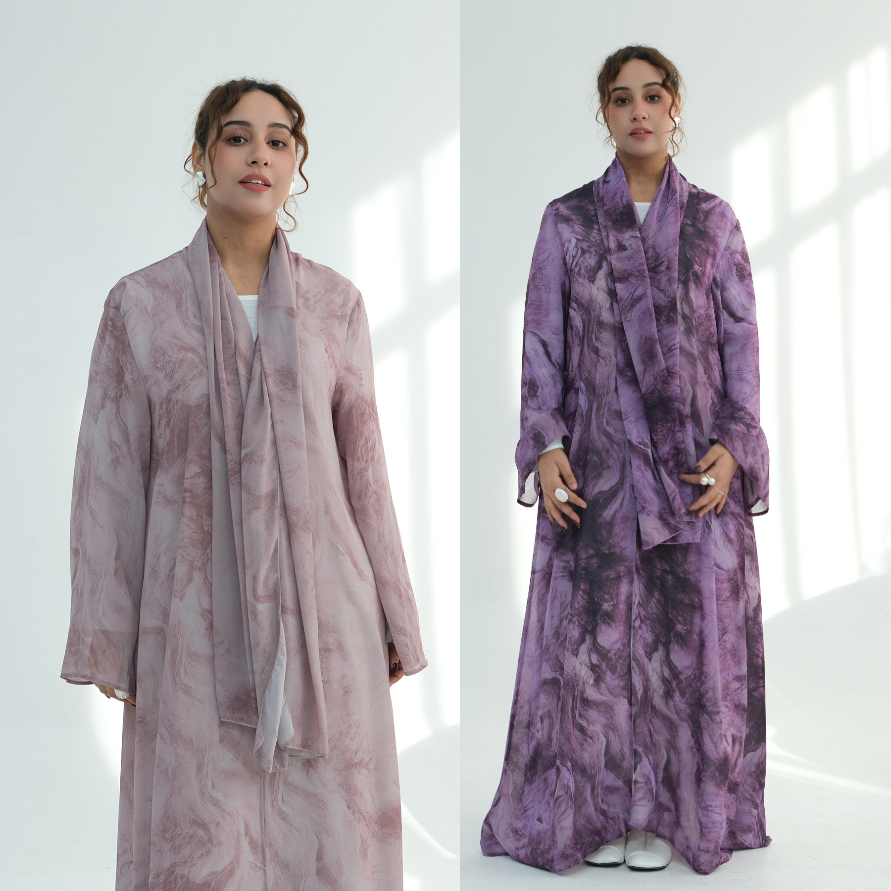 Abaya ouvert en mousseline de soie, ombré, aquarelle, marbre, imprimé Tie-Dye, Premium, dubaï, ensemble de 2 pièces, vêtements islamiques, vente en gros