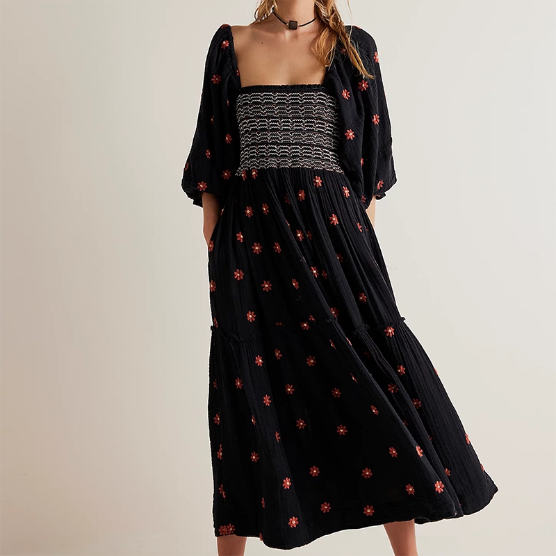 Robe maxi trapèze à volants pour femmes, style plage, vacances, bohème, floral, col carré, manches longues, club, soirée
