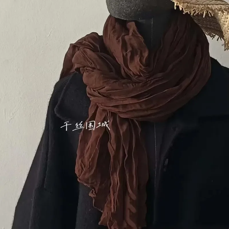 Écharpe en coton et lin de couleur unie, rétro, automne hiver, nouveau châle plissé à bande fine verte, soie thermique pour hommes et femmes
