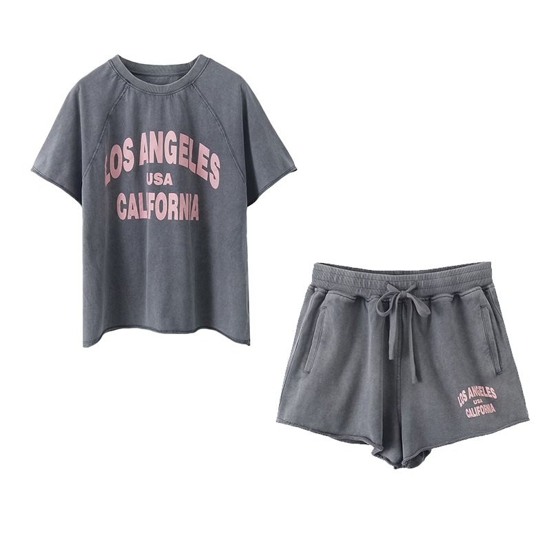 Tenues de Festival pour femmes, costume délavé et en détresse, ensembles en coton pour dames, nouvel ensemble deux pièces à manches courtes, taille confortable Y2k