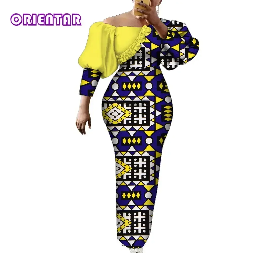 Robe de soirée en coton imprimé africain pour femmes, manches bouffantes, vêtements africains pour femmes, batterie élégante, longue robe de soirée, WY2122