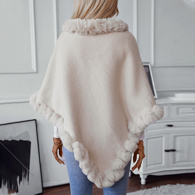 Nouveau en hiver couleur unie col de fourrure pull châle femmes mode épais chaud tricoté Poncho décontracté luxe Cape vêtements d'extérieur