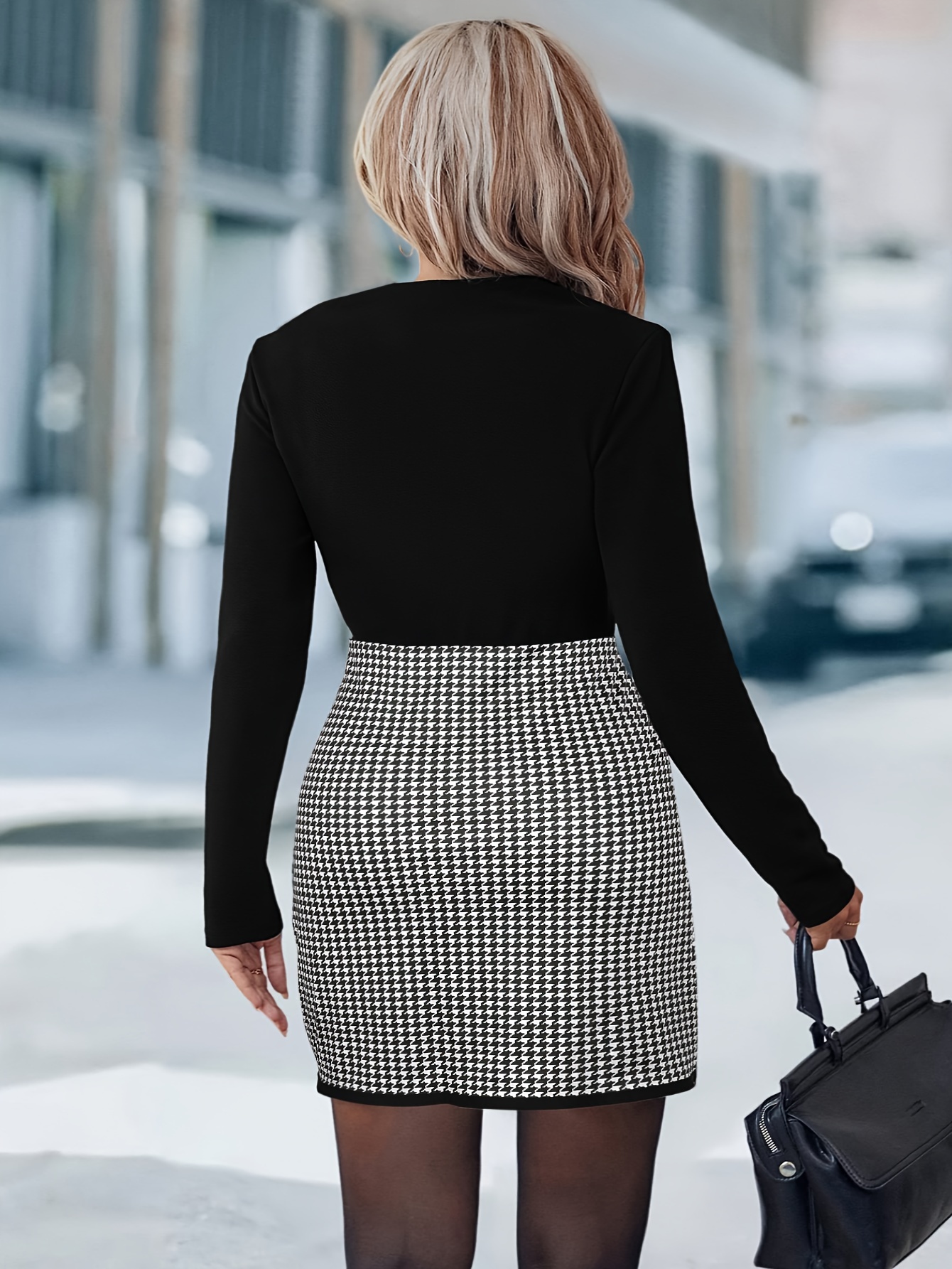 Robe grande taille à manches longues et col en v pour femmes, motif pied-de-poule élégant et confortable, parfaite pour le bureau ou la soirée