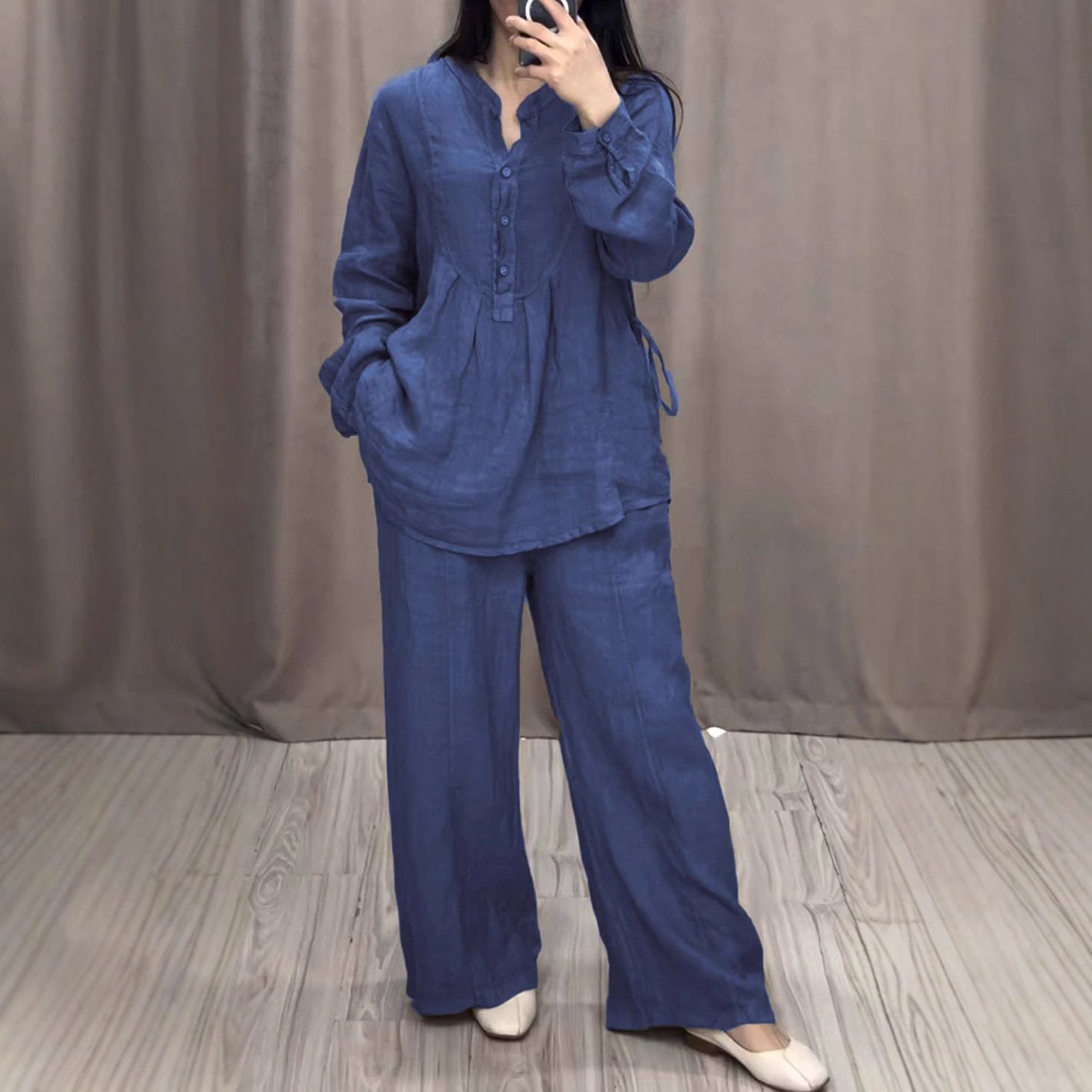 Ensemble 2 pièces musulman pour femmes, chemisier, haut, pantalon à jambes larges, bouton à lacets, tenues islamiques de dubaï, pantalon droit, Ensemble 2025