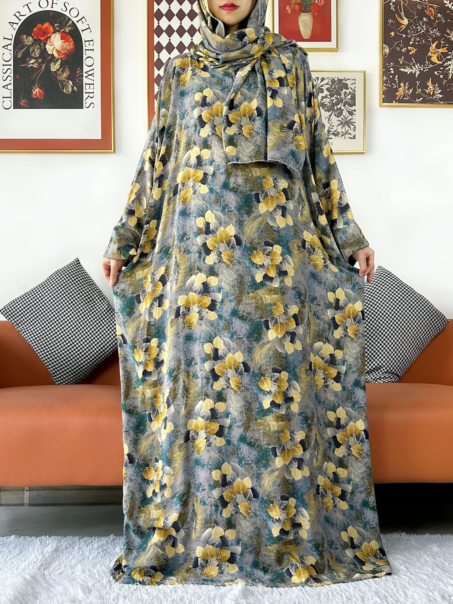Abaya-Robe africaine en coton fleuri pour femme musulmane, vêtement de prière pour le Ramadan, Dubaï, Turquie, moyen-orient, tenue Turban, 2024
