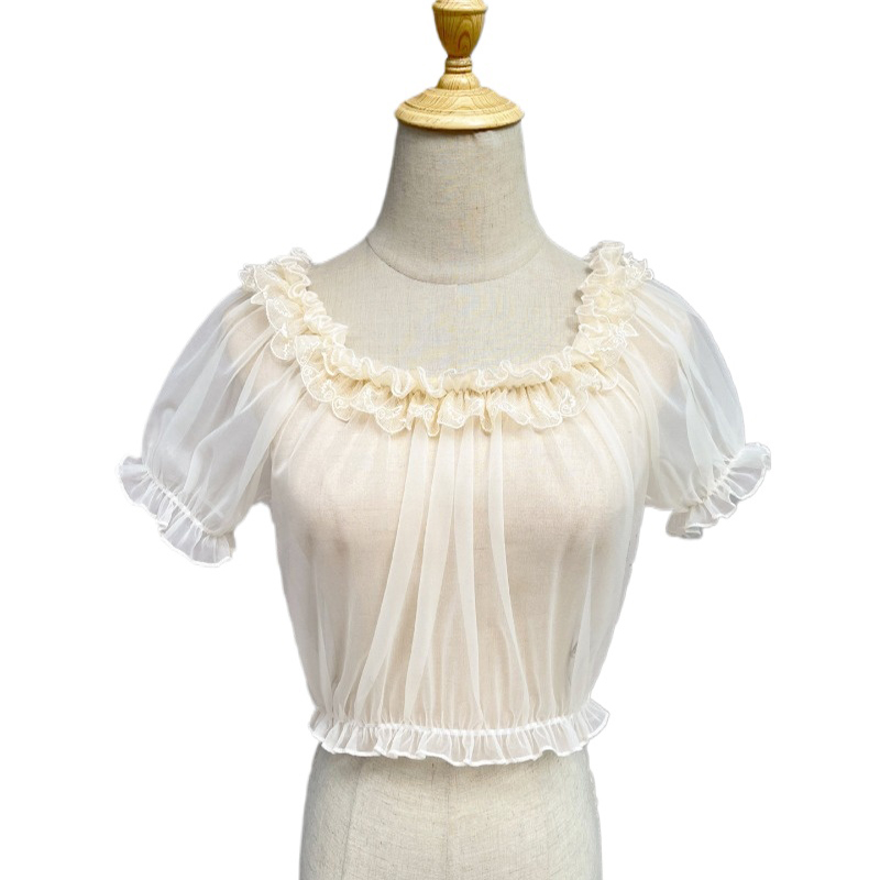 Chemisier transparent en dentelle et maille, haut court Lolita, manches courtes, léger, chemise Lolita douce pour femmes, épaules dénudées, à volants en dentelle, été