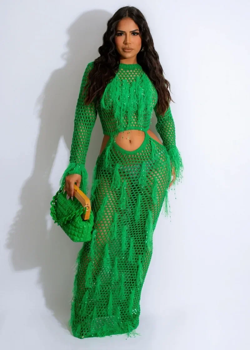 Mode femmes couvrir robe Sexy évider tricot glands vacances maillots de bain à manches longues dame Maxi robes de plage