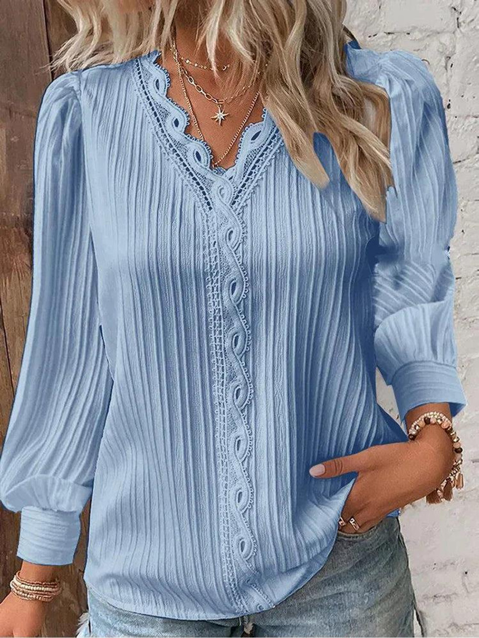 Chemise ample en dentelle pour femmes, col en v, manches longues, pull en mousseline de soie, haut d'automne, chemisier de rue Simple et élégant