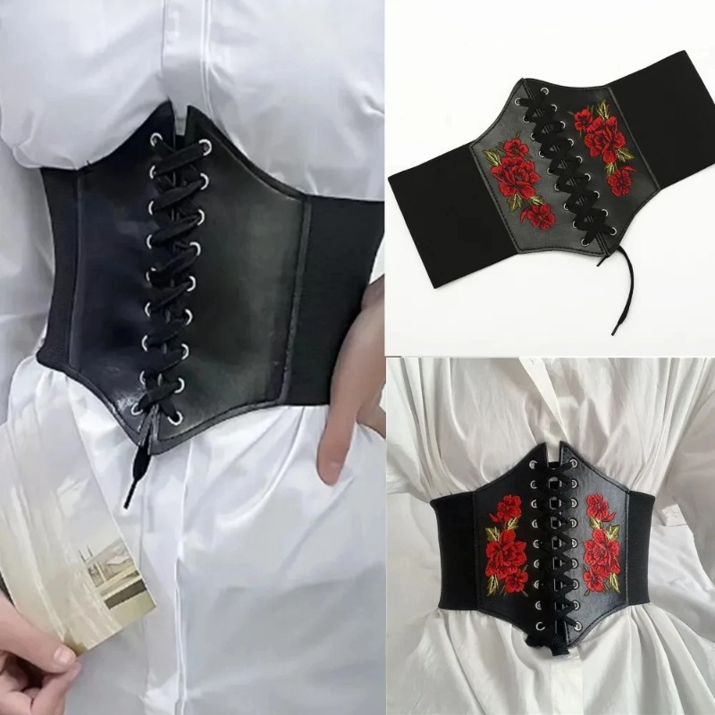 Ceinture Corset gothique pour femmes, mode PU, broderie de fleurs, ceinture amincissante, Vintage, noire, large, pour filles
