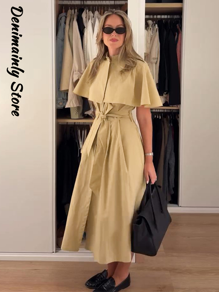 Robe midi chemise cape pour femme, style trench modeste, col montant, sans manches, à laçage à la taille, robes automne 2026
