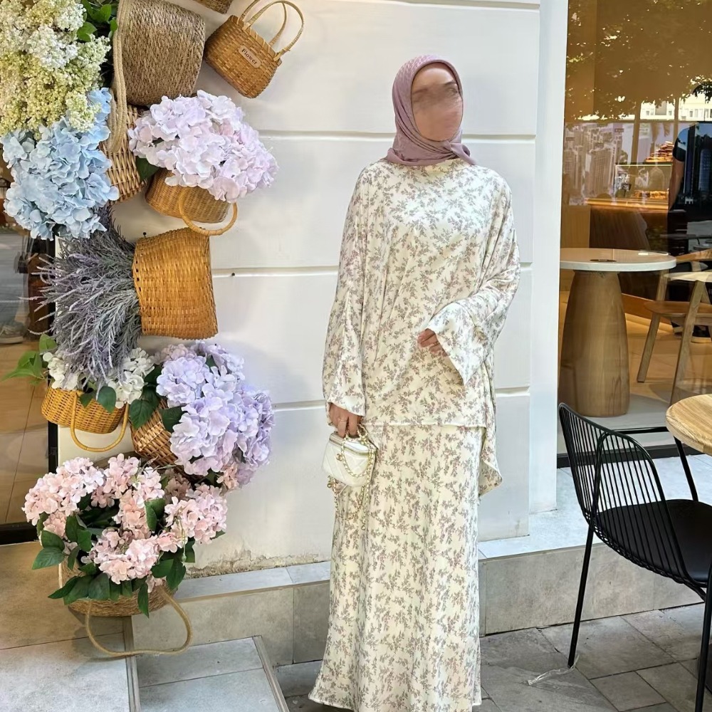 2 pièces Ensemble femmes fête imprimé Blouse jupe Musulman Ensembles Ensemble dubaï Islam Ramadan 2025 femme musulmane jupes longues Costume