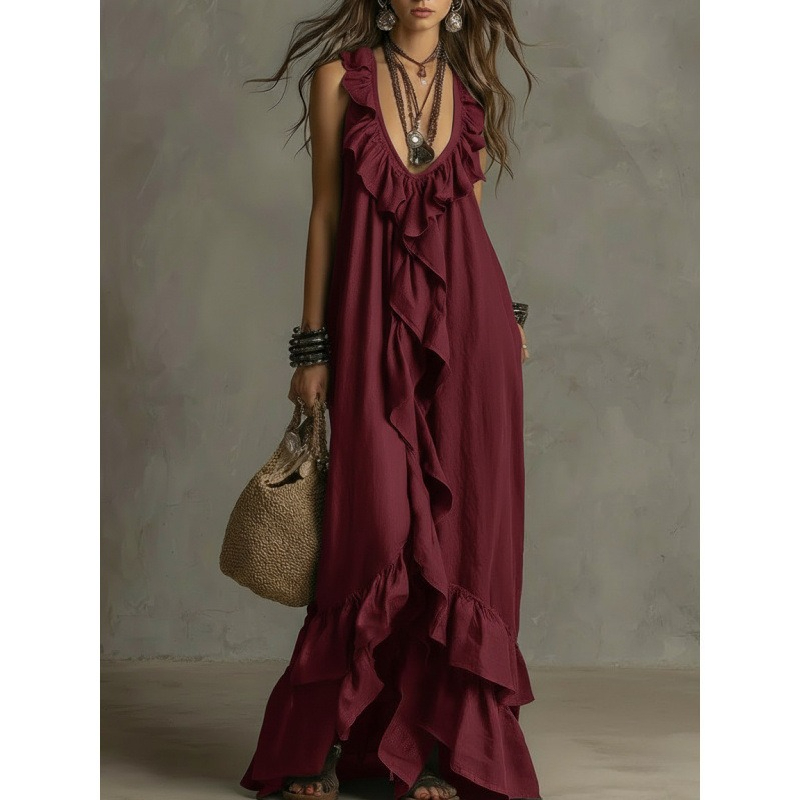 Robe longue bohème à volants, décolleté en V profond, sans manches, à volants en cascade, ample et fluide, longueur ras du sol, pour la plage, les vacances, décontractée, robe longue de plage