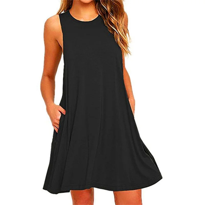 Robe décontractée d'été pour femme, style t-shirt, cache-maillot de plage, unie, plissée, avec poches, débardeur