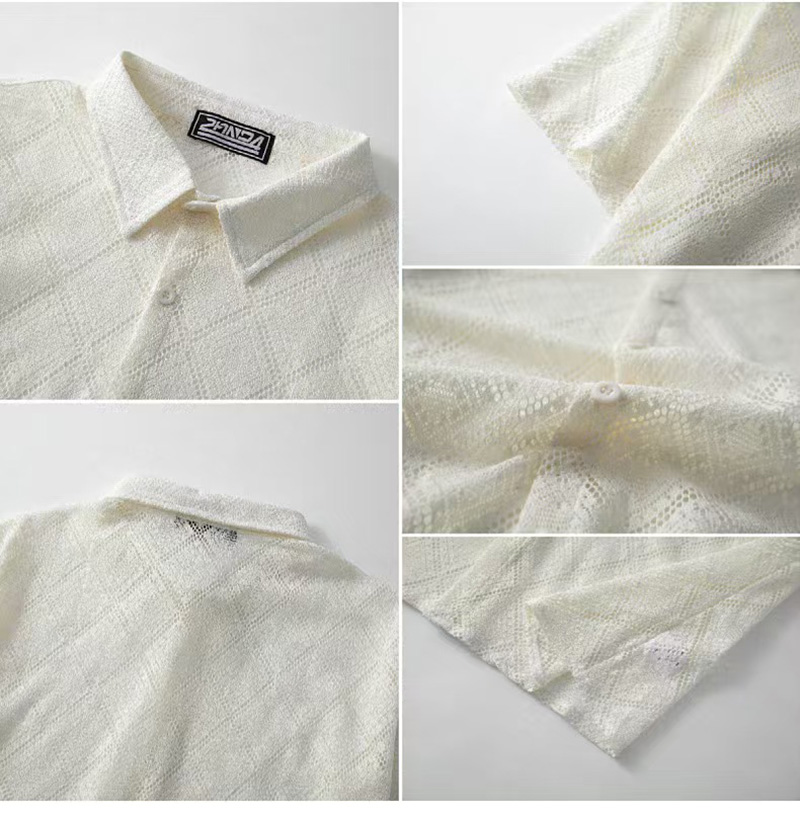2025 mode d'été hommes chemise maille dentelle Transparent hauts Streetwear revers manches courtes bouton Camisas fête Sexy hommes vêtements