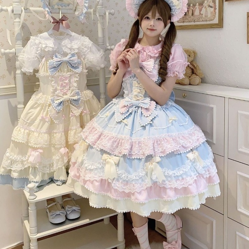 Robe Lolita douce pour femmes, couleur unie, avec volants, dentelle, nœud, patchwork, style princesse Kawaii, longueur genou, élégante, pour toutes les saisons, cosplay