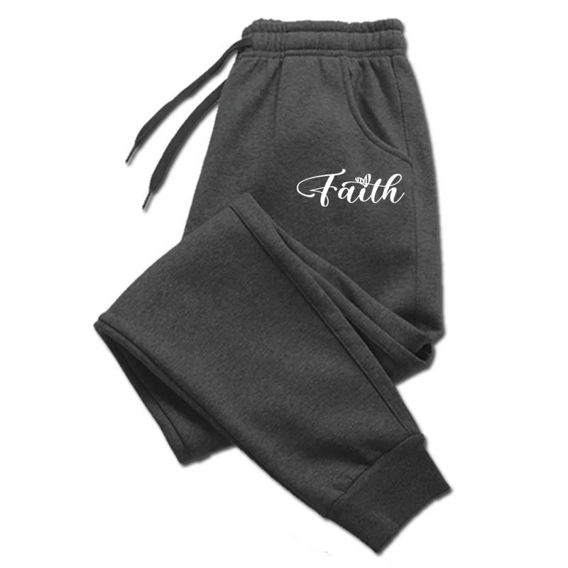 Pantalon de jogging long en molleton pour femme, imprimé lettres 'Faith', pour l'automne et l'hiver, idéal pour le sport, le fitness et les activités de plein air, style décontracté et tendance