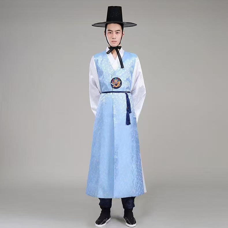 Costume Hanbok traditionnel de Style palais coréen pour hommes, estampage argenté, uniforme de marié de mariage, Robe longue de spectacle sur scène de corée du nord