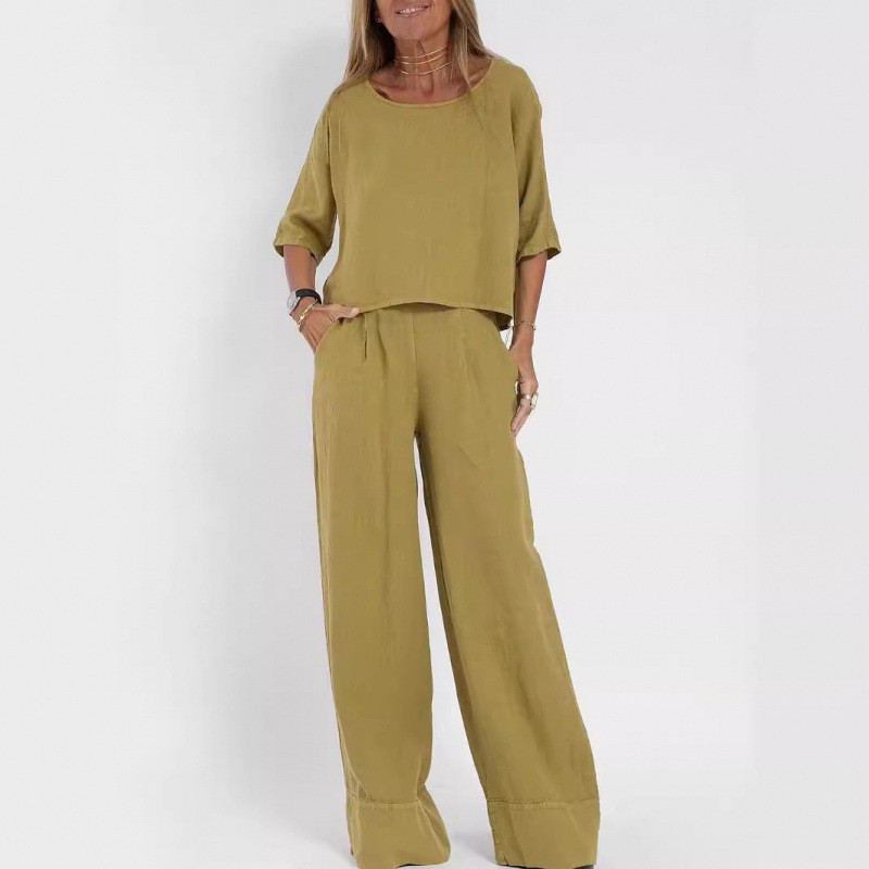 Ensembles 2 pièces pour femmes – Nouveauté été 2026 – Tenue décontractée ample unie avec haut à manches courtes et pantalon en coton et lin – Vêtements pour femmes