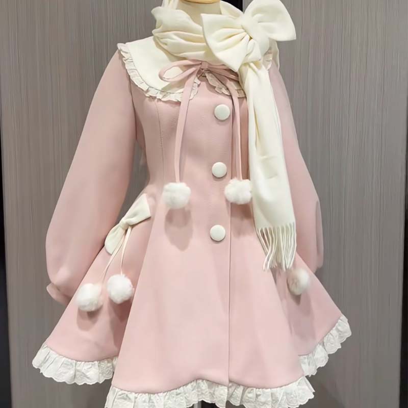 Manteau en laine mi-long avec nœud mignon japonais Kawaii, col en fausse fourrure, veste en laine pour filles et femmes, pardessus chaud d'hiver