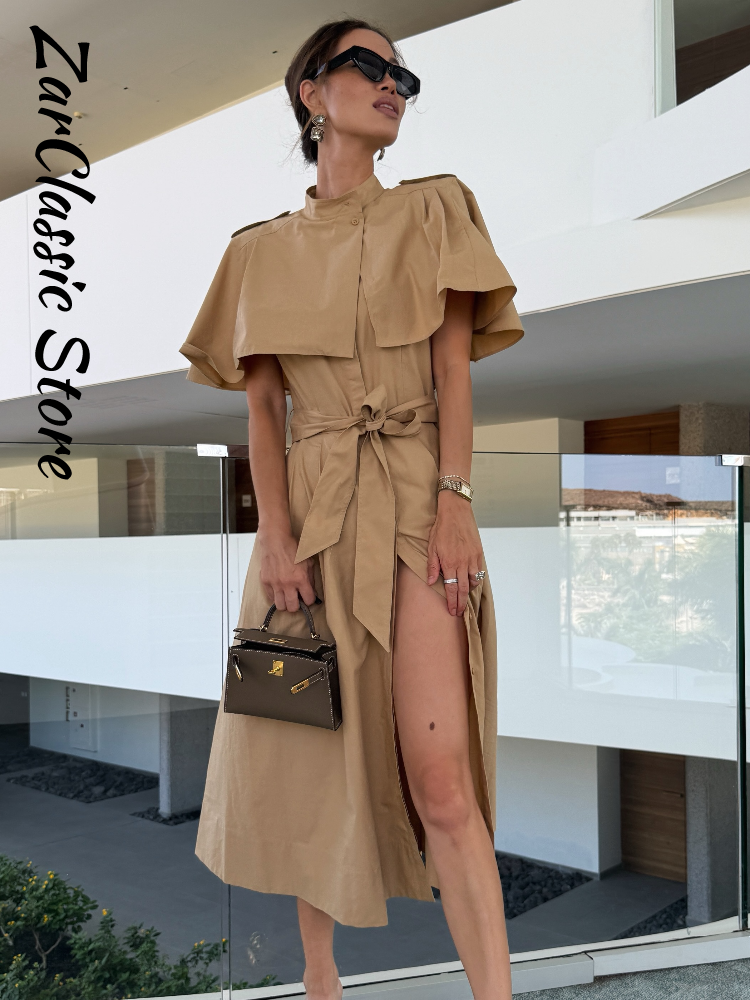 Robe élégante pour femme avec châle, col montant, taille nouée, sans manches, longue, couleur kaki, nouvelle robe décontractée d'été pour le street style 2026