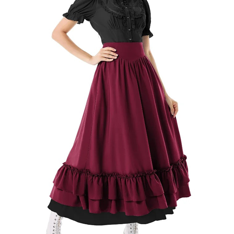 Jupe longue évasée décontractée à double couche en dentelle, style Renaissance, avec boutons, volants vintage, taille élastique, longueur maxi pour femme
