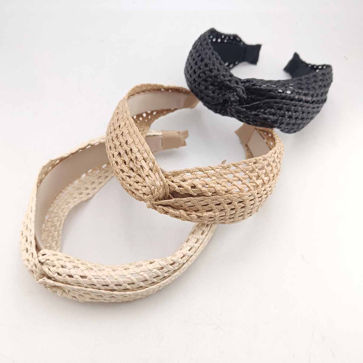 Femmes bohème larges bandeaux croix noué paille tissage bandeau été plage tête cerceau couleur unie cheveux accessoires chapeaux