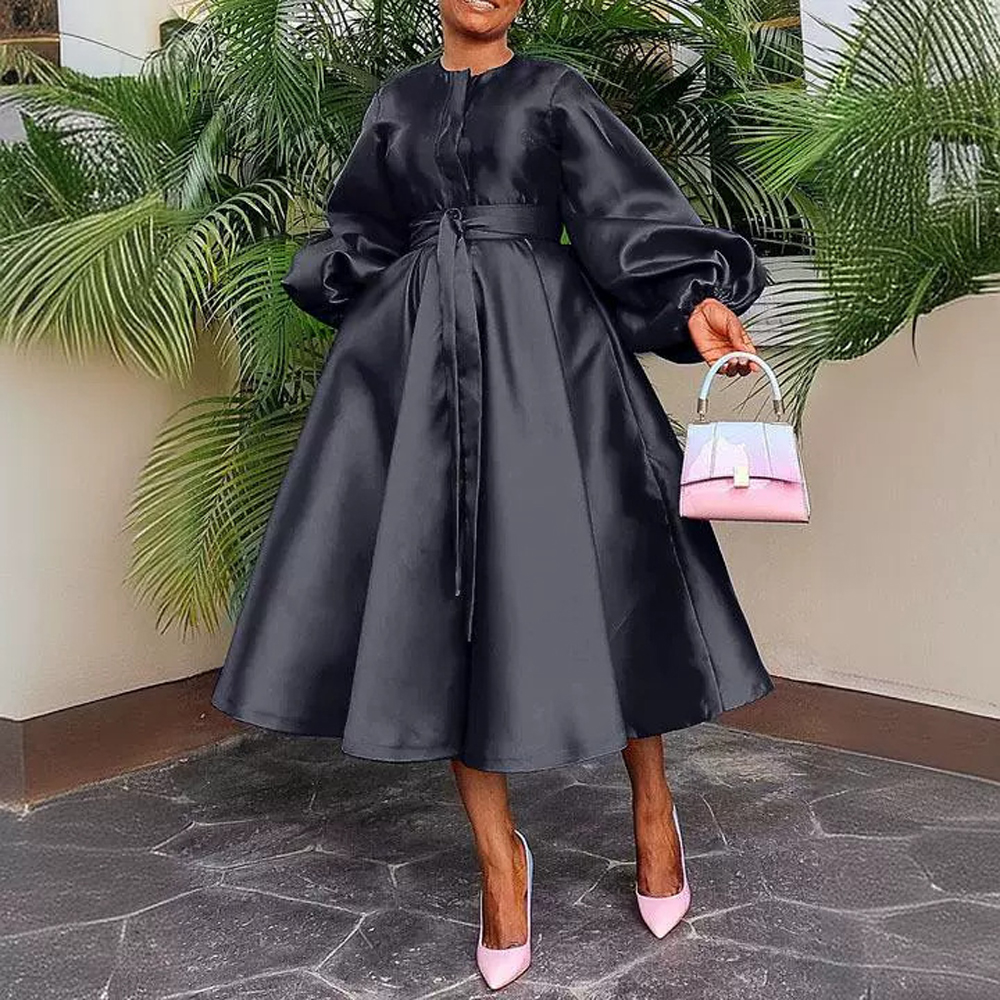 Robe Vintage Chic pour Femme, Style Swing, Manches Longues Lanterne, Ceinturée, Boutonnée, Élégante, en Satin Fluide, Coupe Maxi, A-Line ou Midi, pour Cérémonie et Soirée