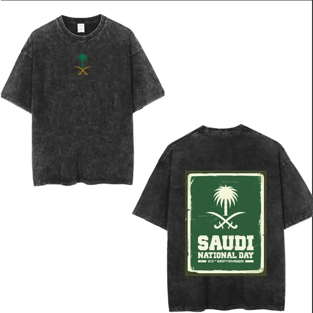 T-shirt Fête Nationale Saoudienne en Coton Lavé, T-shirt Eid Al-Fitr, T-shirts Lavés, T-shirts d'Été, Décontractés, Amples, Streetwear, Unisexe