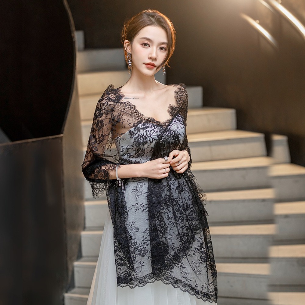Châle en dentelle élégant pour femmes, longs voiles de mariage noirs, fleur, couvre-tête de mariée, mantille