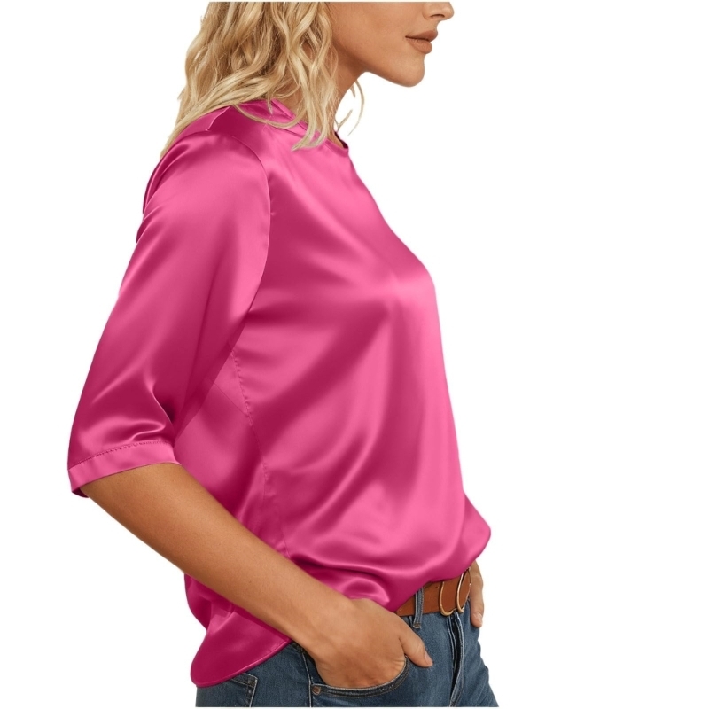 Chemisiers en satin soie pour femmes, tunique à manches 3/4, hauts décontractés, amples, chemise basique, D0UB