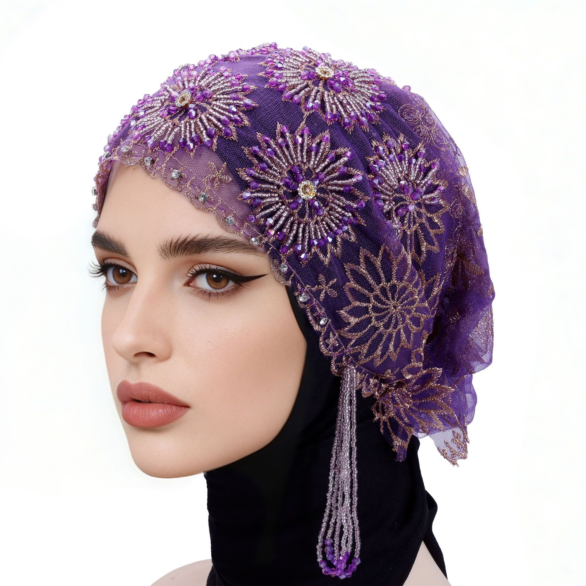 Chapeau Hijab pour Femme, Mode Africaine, Tissu Dentelle, Perles, Diamants, Broderie, Foulard, Écharpe Violette Rose, Châle Musulman, Chapeaux