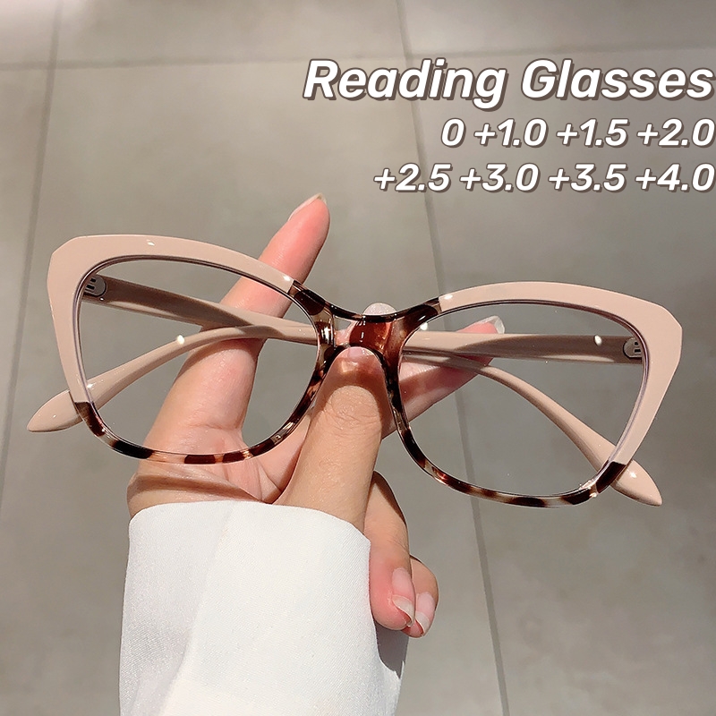 Lunettes de lecture œil de chat élégantes pour femmes, monture bloc de couleur Chic, lentille transparente, écran d'ordinateur à la mode, presbytie 0 à 4.0