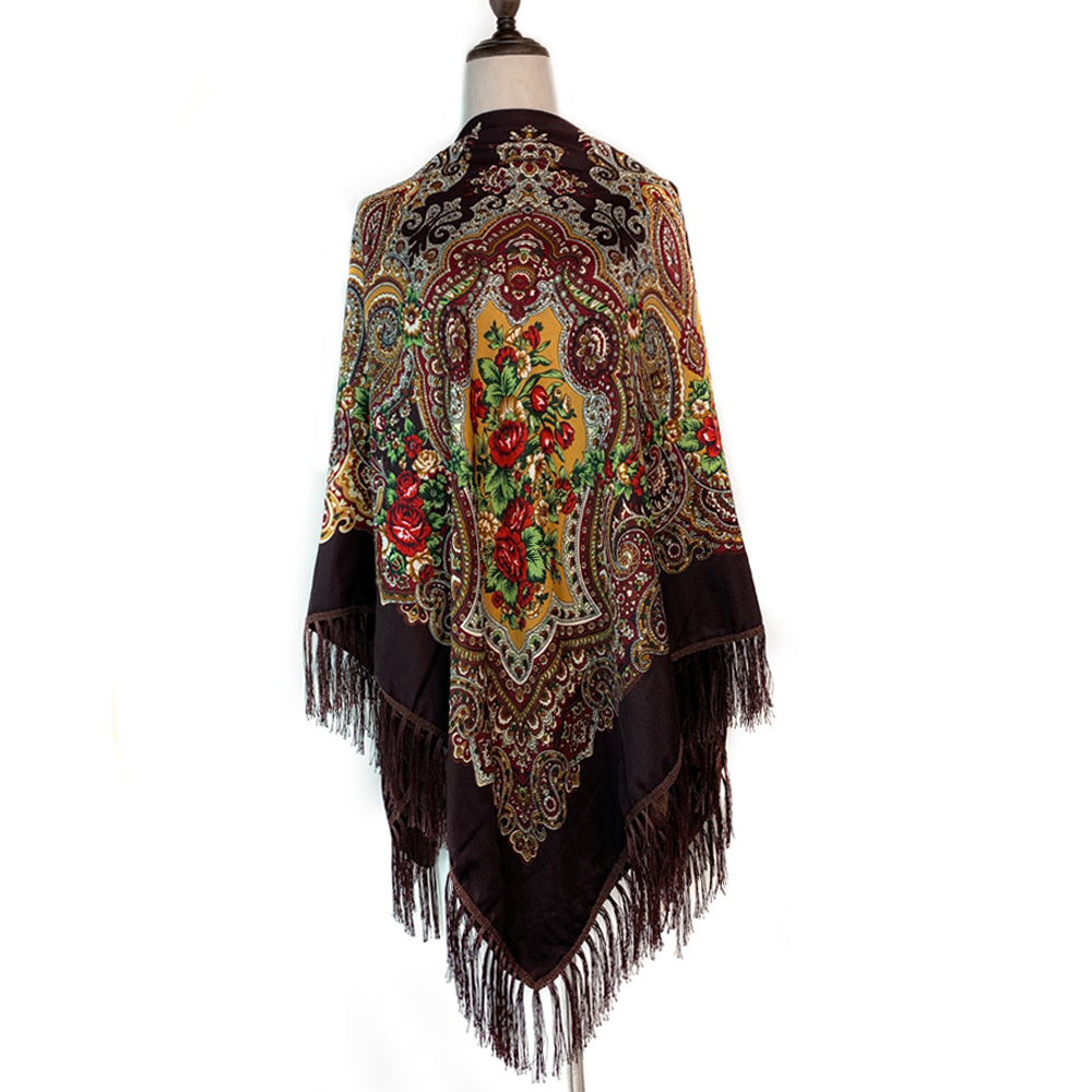 Foulard Carré de Luxe à Imprimé Floral pour Femme, Style Russe, Châle Traditionnel à Franges, Bandana, 160x160cm