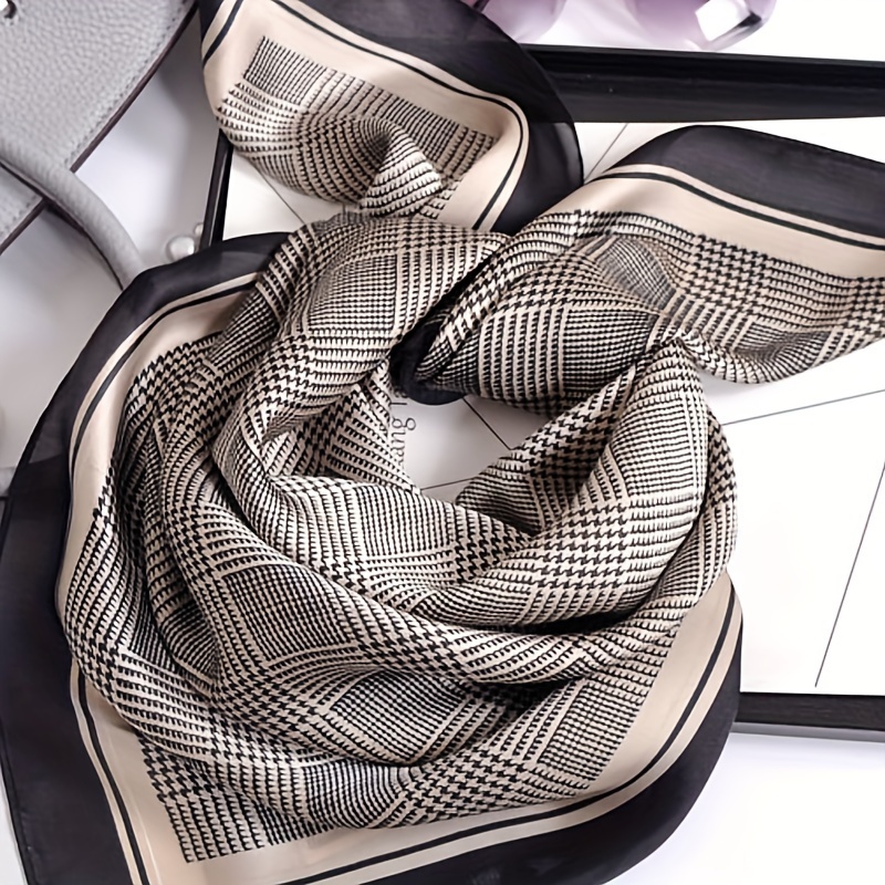 Foulard carré pied-de-poule noir et gris, 27,58 pouces, style Boho, sensation de soie fine, petit foulard décoratif professionnel pour femmes