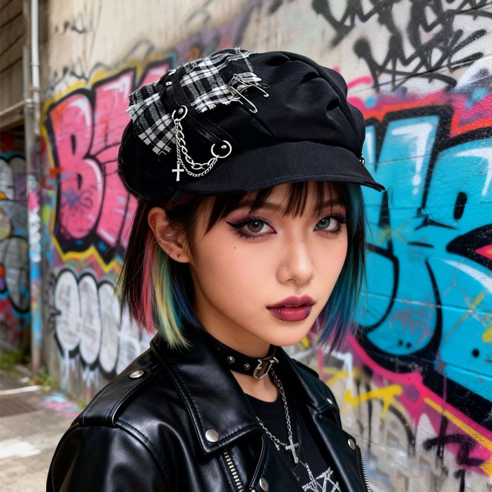 Chapeau pour femme style Y2K, subculture punk, millennial, gothique, lolita, chic et cool, neutre, à carreaux foncés, avec croix, type béret, mignon