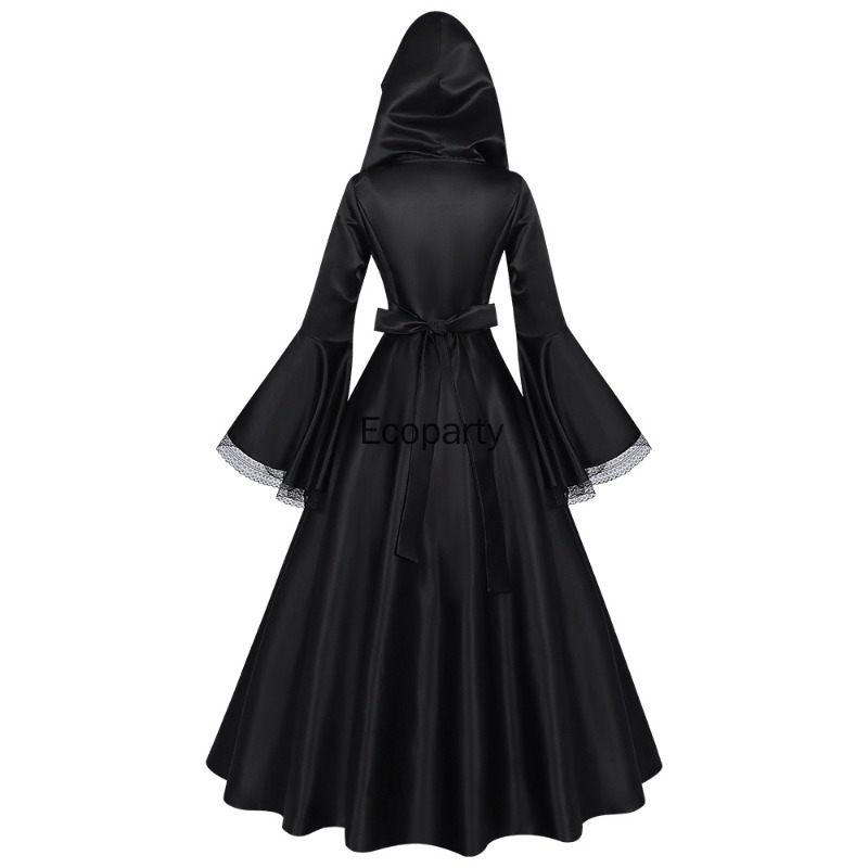Robe gothique à capuche pour femmes, noire, col carré, manches évasées, grande balançoire, longue, Costume de fête d'halloween