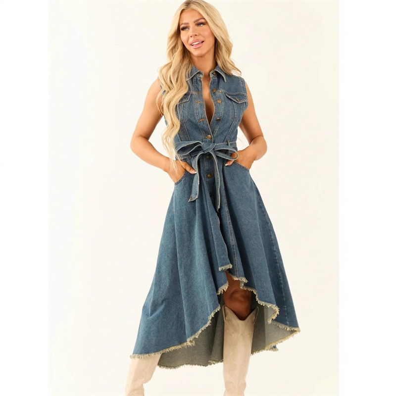 Robes en jean pour femmes, sans manches, sexy, asymétriques, style jeune fille, robe longue trapèze, tunique, vêtements en jean pour femme avec lacets