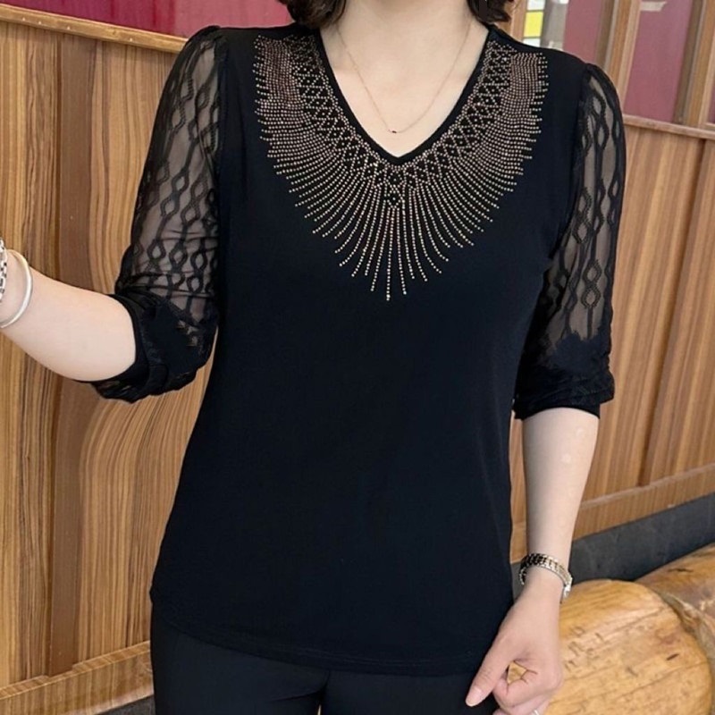 Femmes été T-shirt col en v mode demi manches maille Patchwork T-shirt femmes chemise de fond dames noir pull femmes hauts