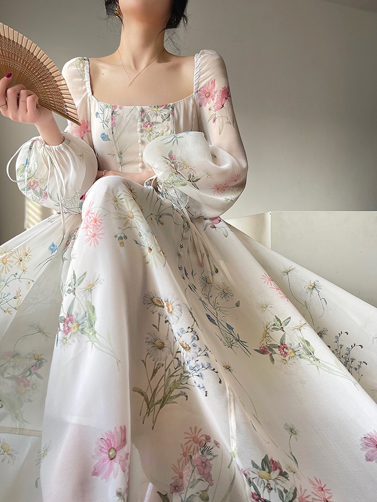 Robe Midi Florale Élégante Française en Mousseline à Manches Longues pour Soirée, Robe de Plage Féerique Une Pièce pour Femme, Style Coréen Été 2026