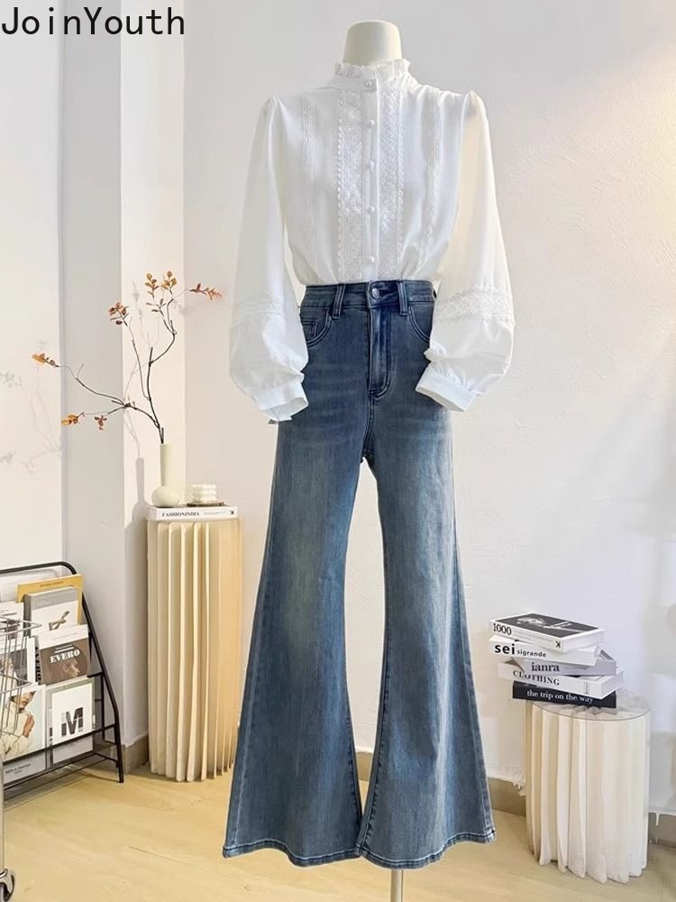 Chemisier à manches longues pour femmes, col montant, volants, blanc, mode Y, manches lanterne, chemises douces, vêtements pour femmes, 2025