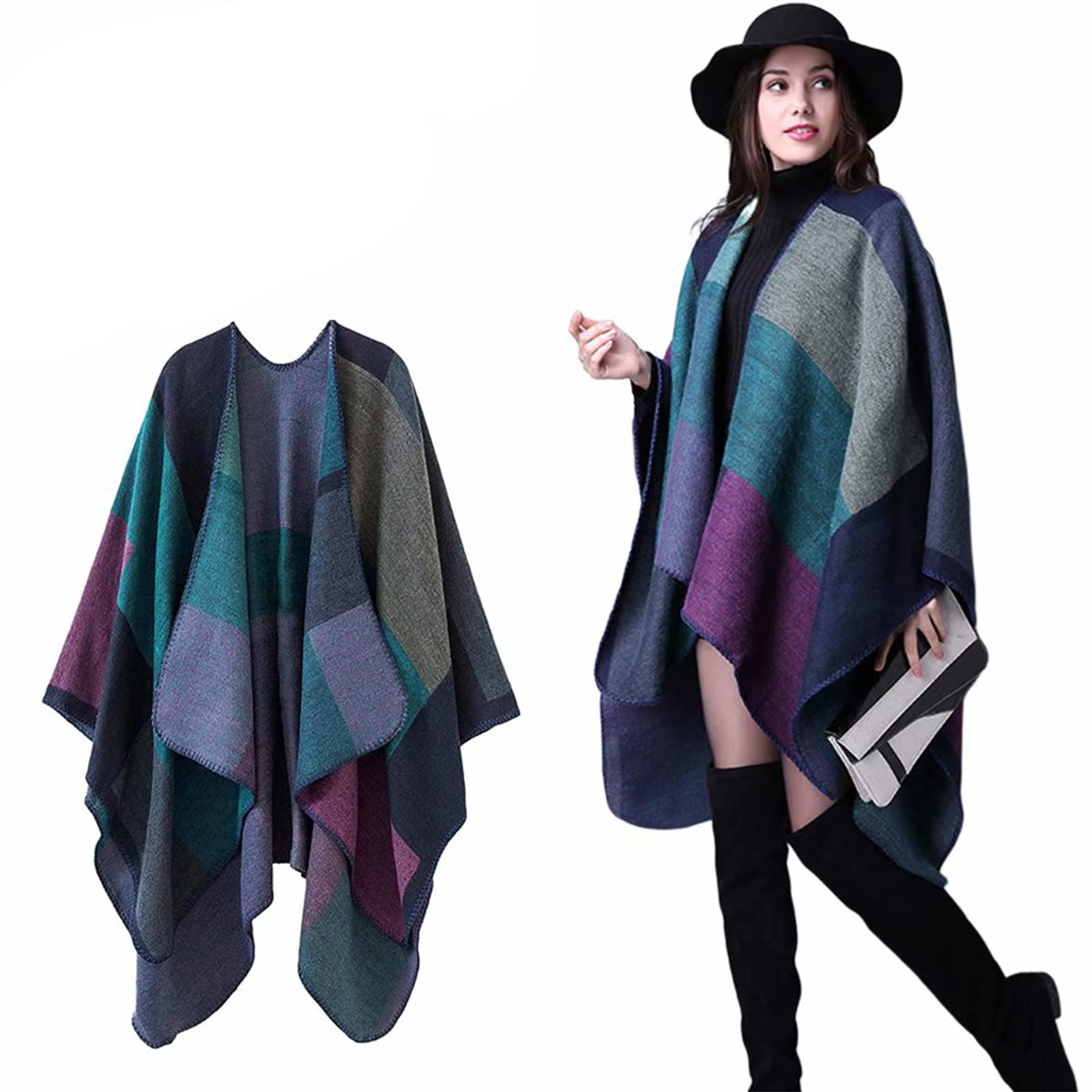 Épaissir hiver châle enveloppes Cape femmes automne Ponchos grande taille bloc Plaid ouvert devant pull polaire écharpe manteau tenues de vacances
