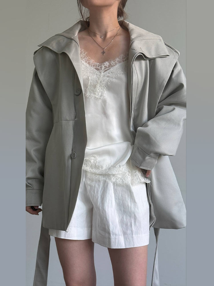 Manteau court à col châle pour femmes, ceinture à nouer à la taille, simple boutonnage, coupe ample, décontracté, en coton uni, veste chaude pour les trajets quotidiens.