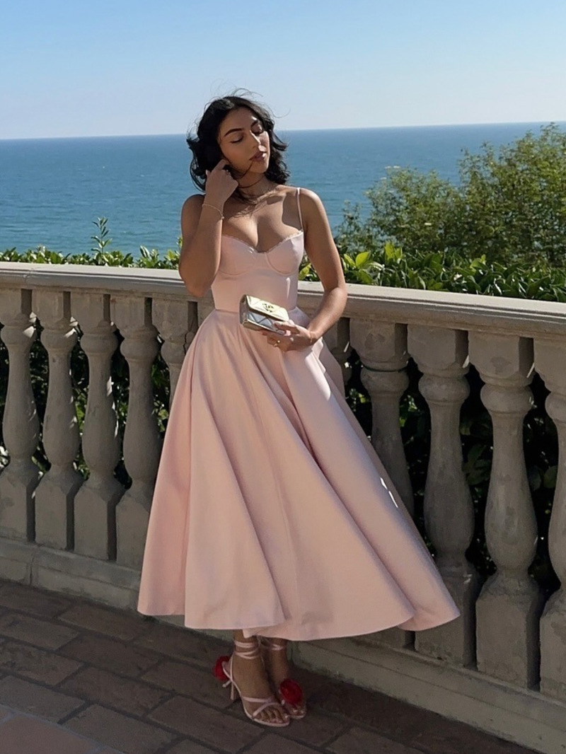 Été Flare robe mi-longue élégante 2025 nouveautés Spaghetti sangle Bustier robe femmes robes doux rose haut pour femme CHP1