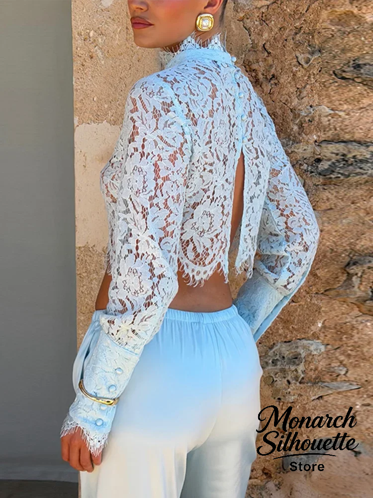 Ensemble 2 pièces pour femme, bleu, col semi-montant, haut en dentelle, pantalon à taille élastiquée avec cordon de serrage et fente arrière, style blouses, pour usage quotidien