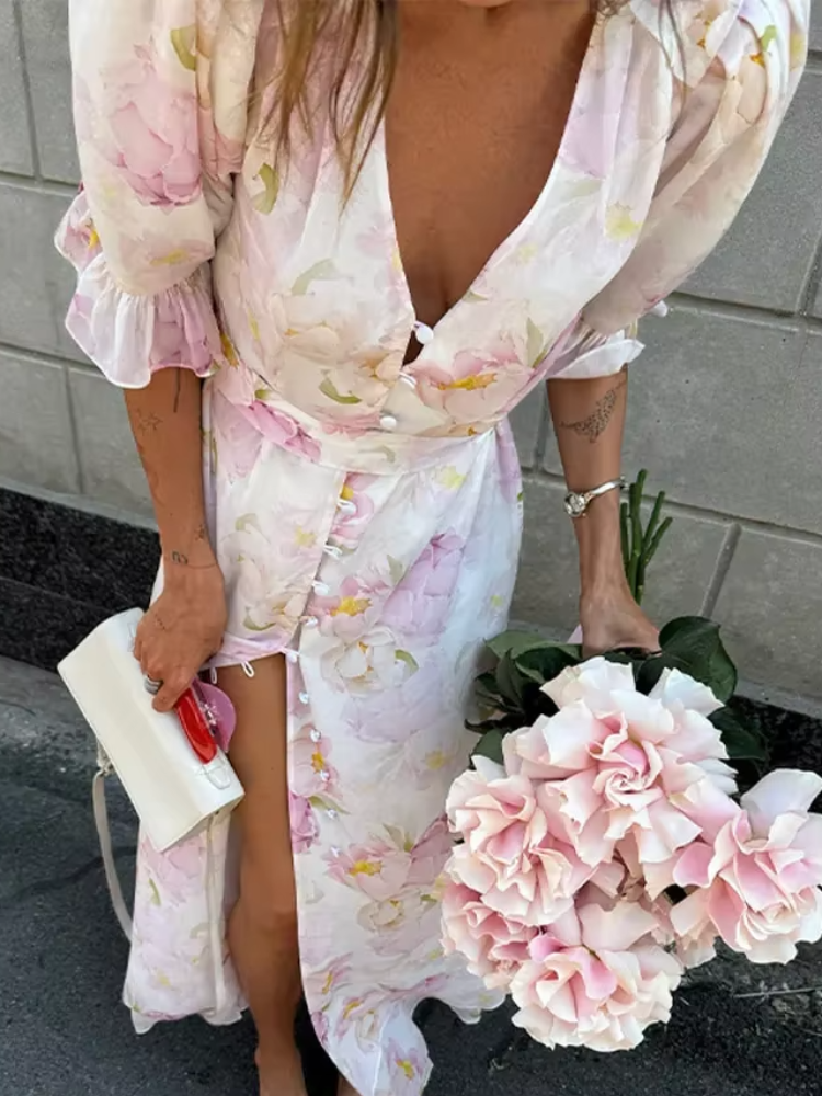 Robe longue moulante en organza et mousseline florale à col en V, manches bouffantes, fente haute, sexy, chic, pour femme, pour le quotidien et les rendez-vous
